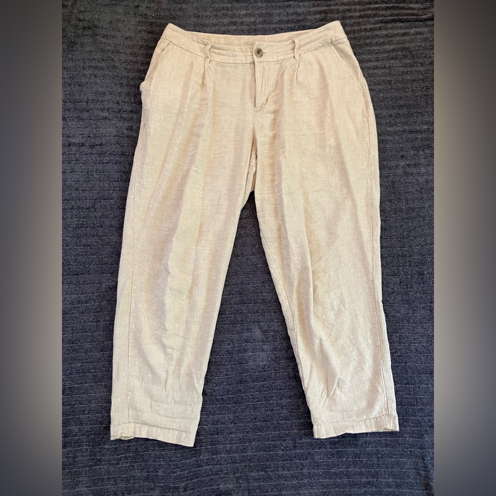 a new day Women’s Linen Blend Cream Brown High Rise Pants Trousers with Pockets